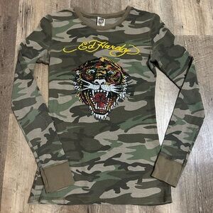Vintage Ed Hardy Camouflage Tiger Graphic Long Sleeve Tee